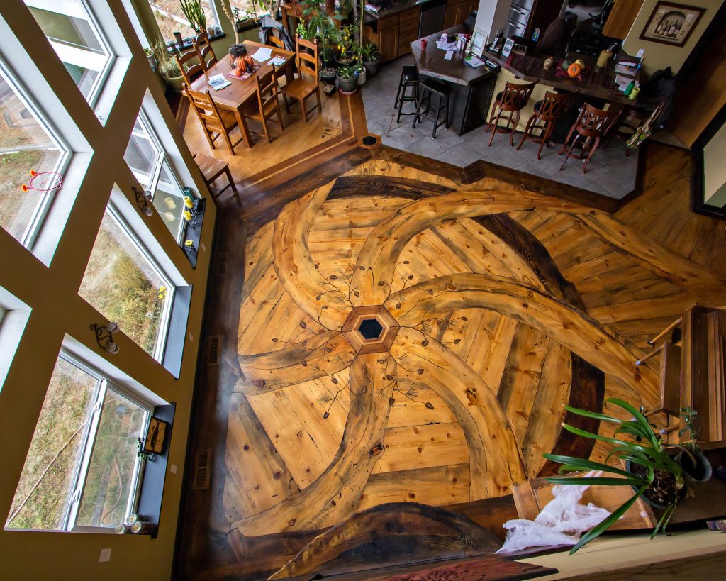The Blue Pine Swirl custom wood floor project in Tom Ourada's home