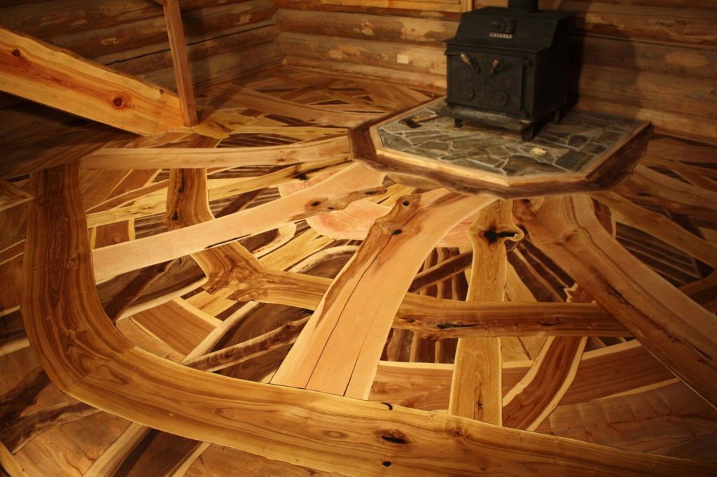 A picture of a custom hardwood art floor called Firewood. 