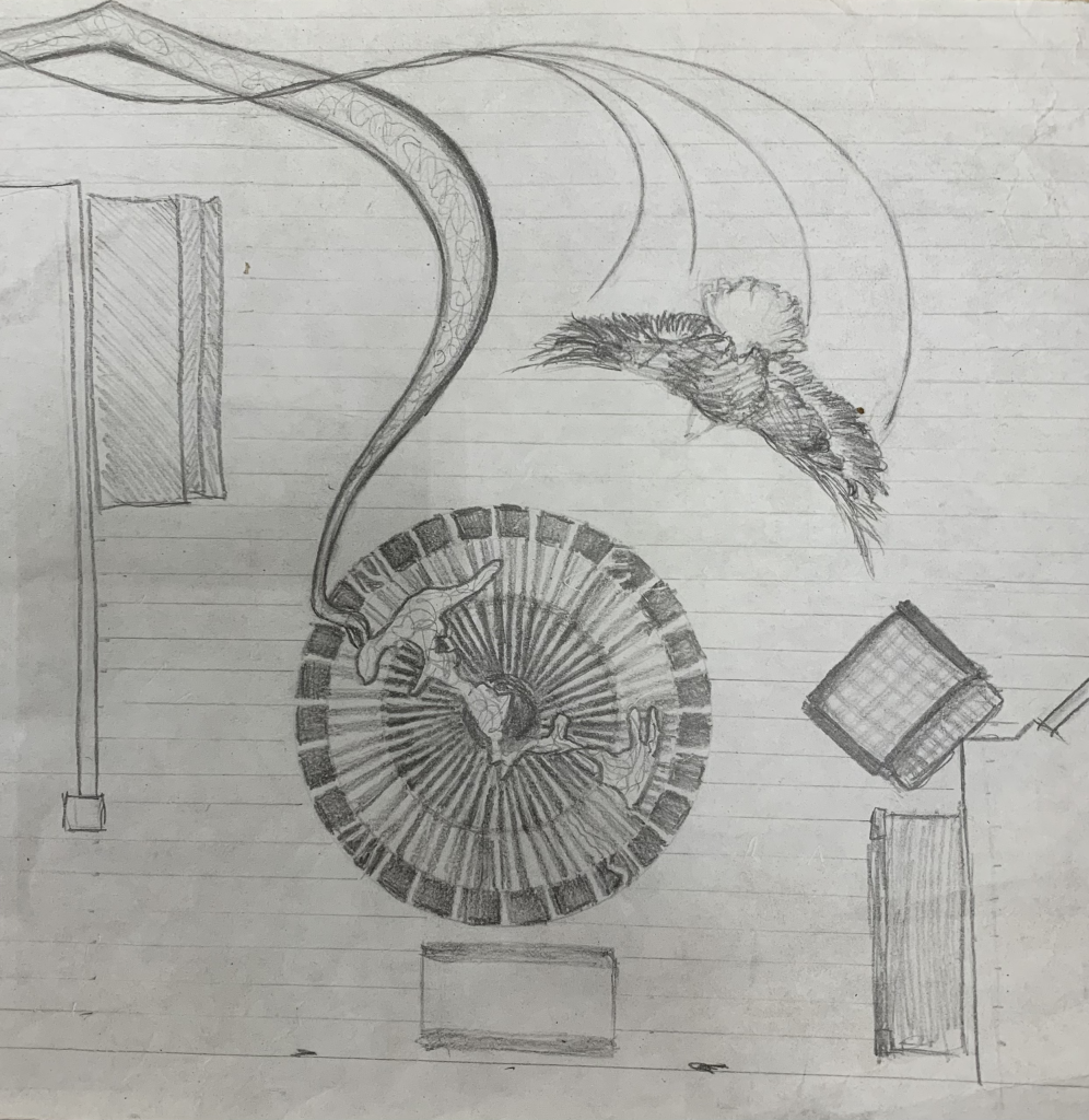 An early drawing of The Fight Hardwood Art Floor Project featuring an eagle and medallion of Coeur d'Alene lake. 